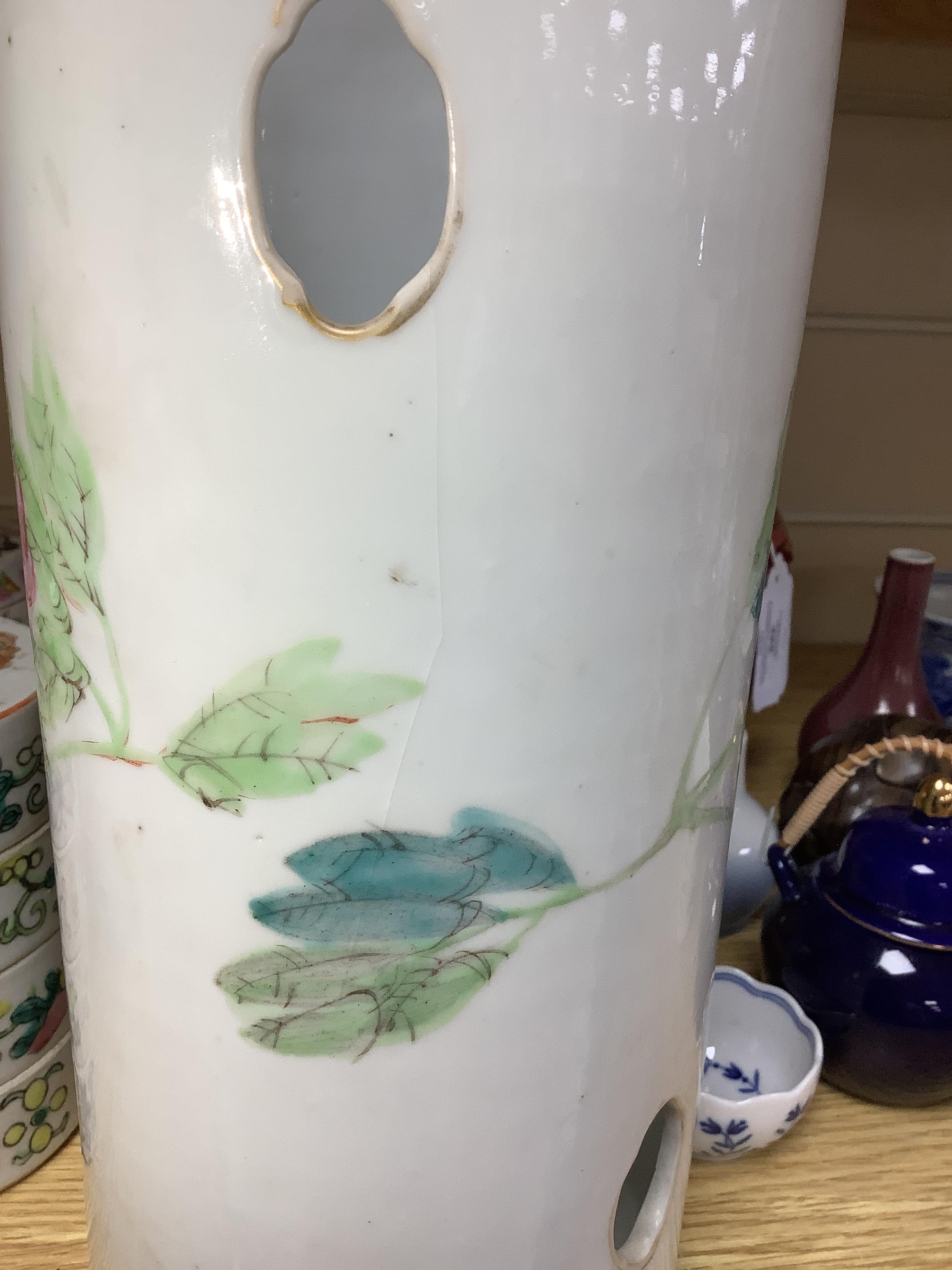 A Chinese famille rose inscribed hat stand and teapot and cover, both late 19th/early 20th century (2) tallest 29cm